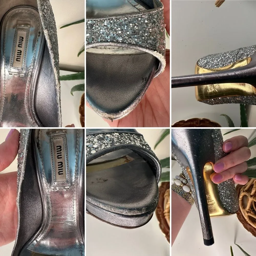 ✨ Miu Miu Silver Glitter Peep-Toe Heels 36.5 (US 6.5) Designer Party Shoes Italy - Picture 10 of 13